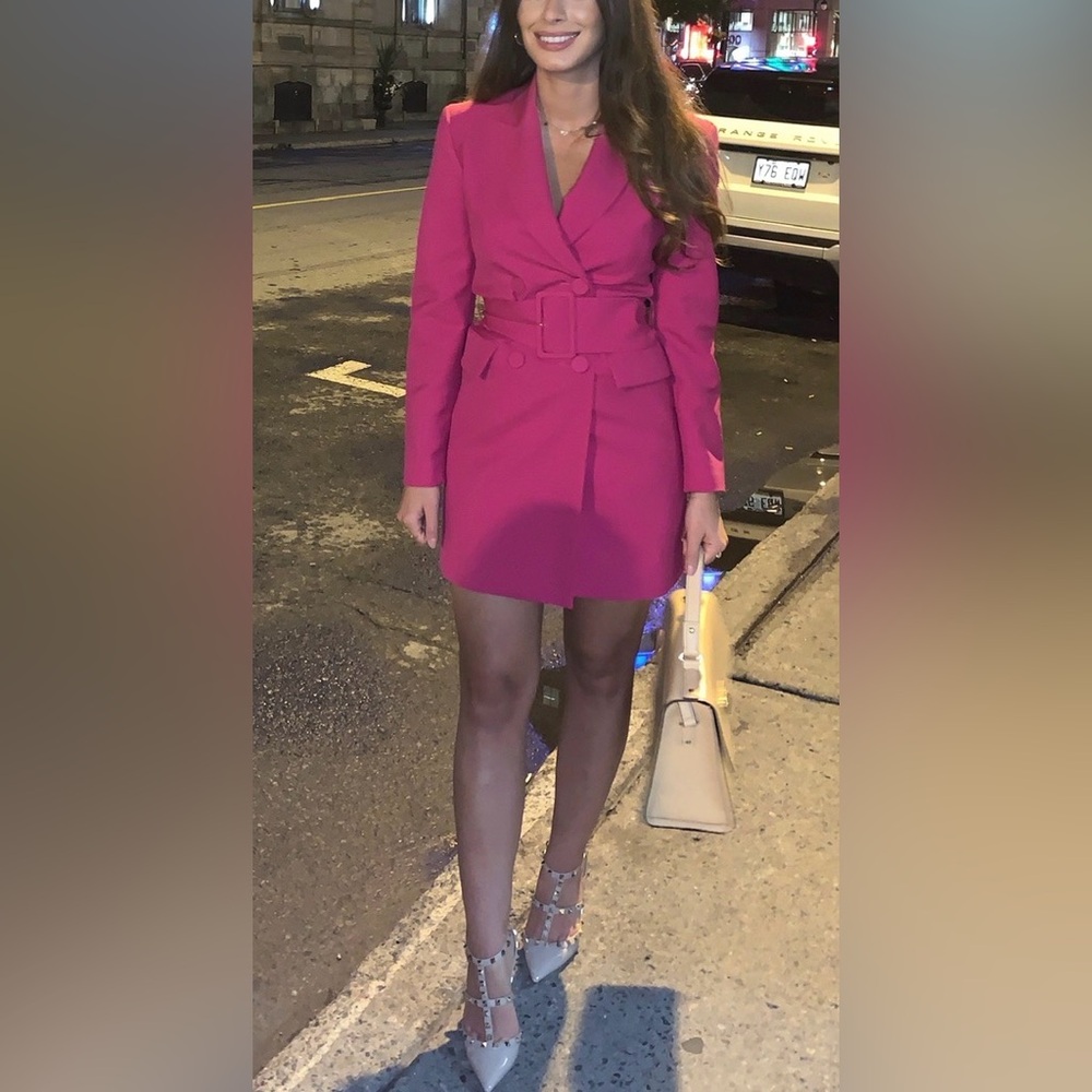Zara Fuschia belted Blazer mini Dress XS | structured Statement Dress
